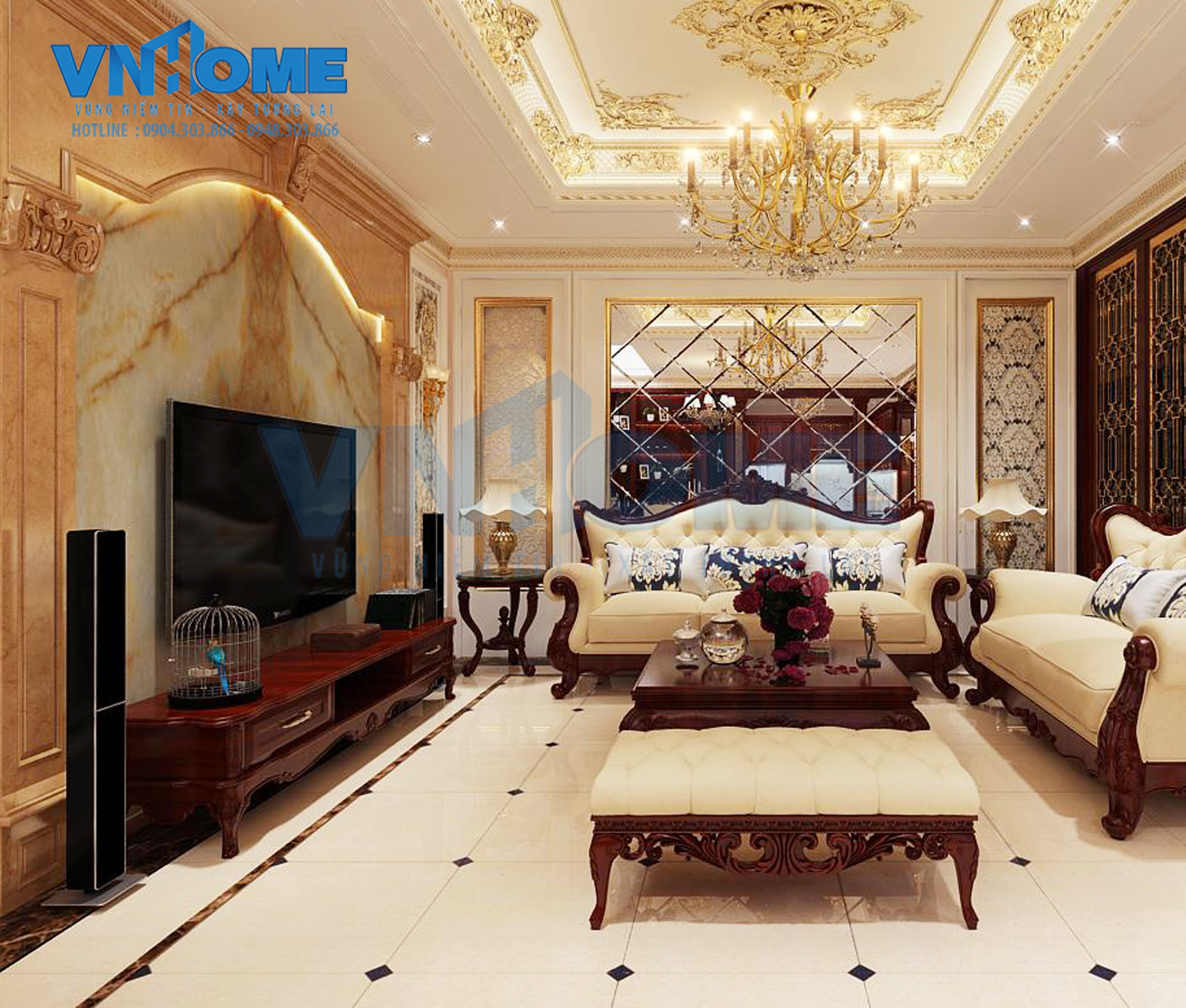 Thiết kế nội thất phòng khách cho biệt thự cổ điển