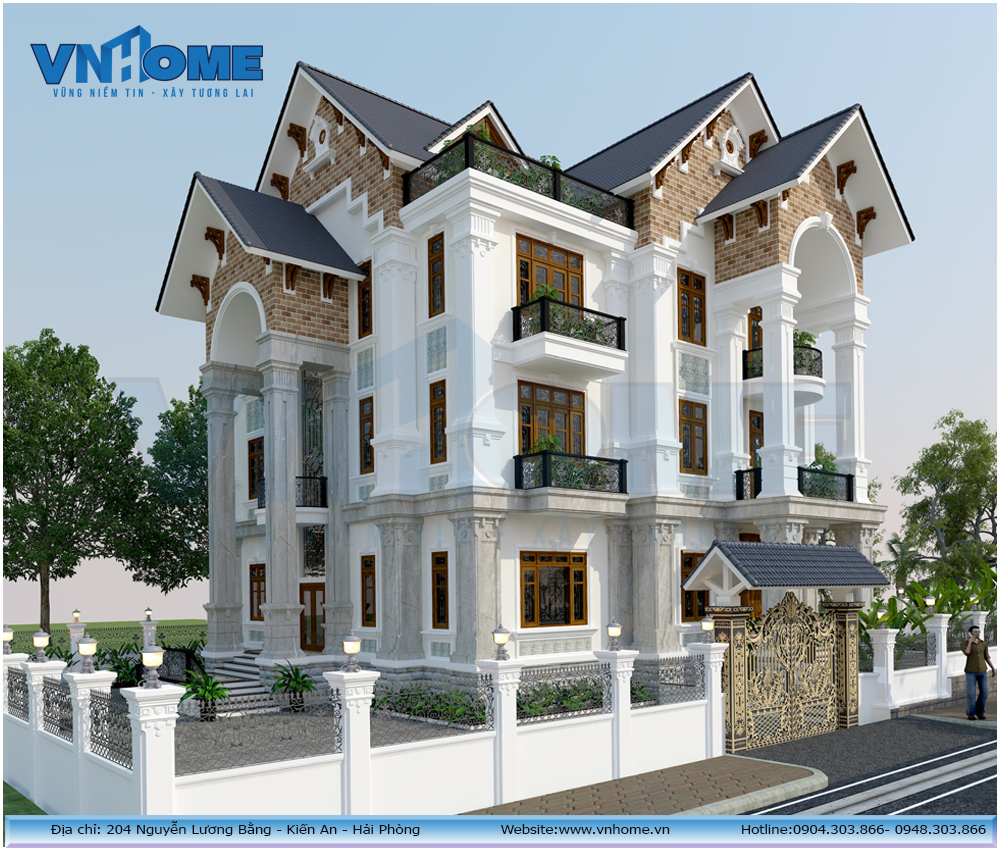 Thiết kế biệt thự mái thái tân cổ điển 3 tầng–VNH BTTCD 0034