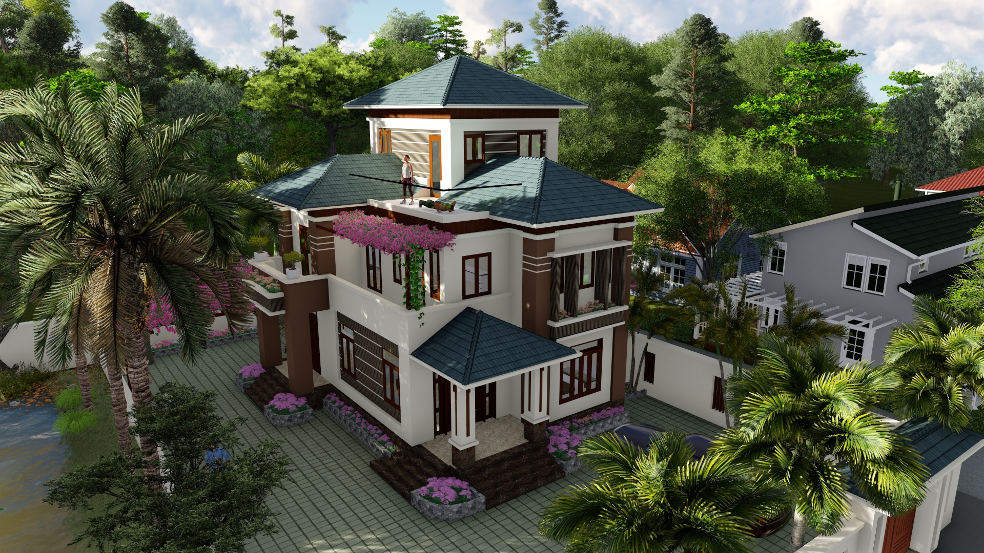 Thiết kế biệt thự mái Thái hiện đại 3 tầng tại Hải Dương- VNH BTHĐ 0031