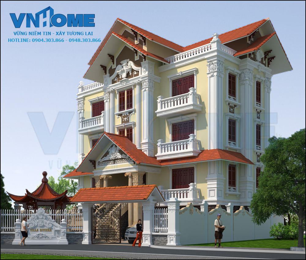 Thiết kế biệt thự tân cổ điển 4 tầng  mái ngói đỏ đẹp-VNH BTTCD 0011
