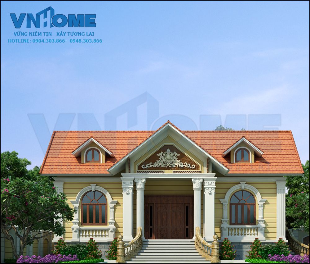 Thiết kế biệt thự tân cổ điển 1 tầng mặt tiền 11 m - VNH BTTCD 0008