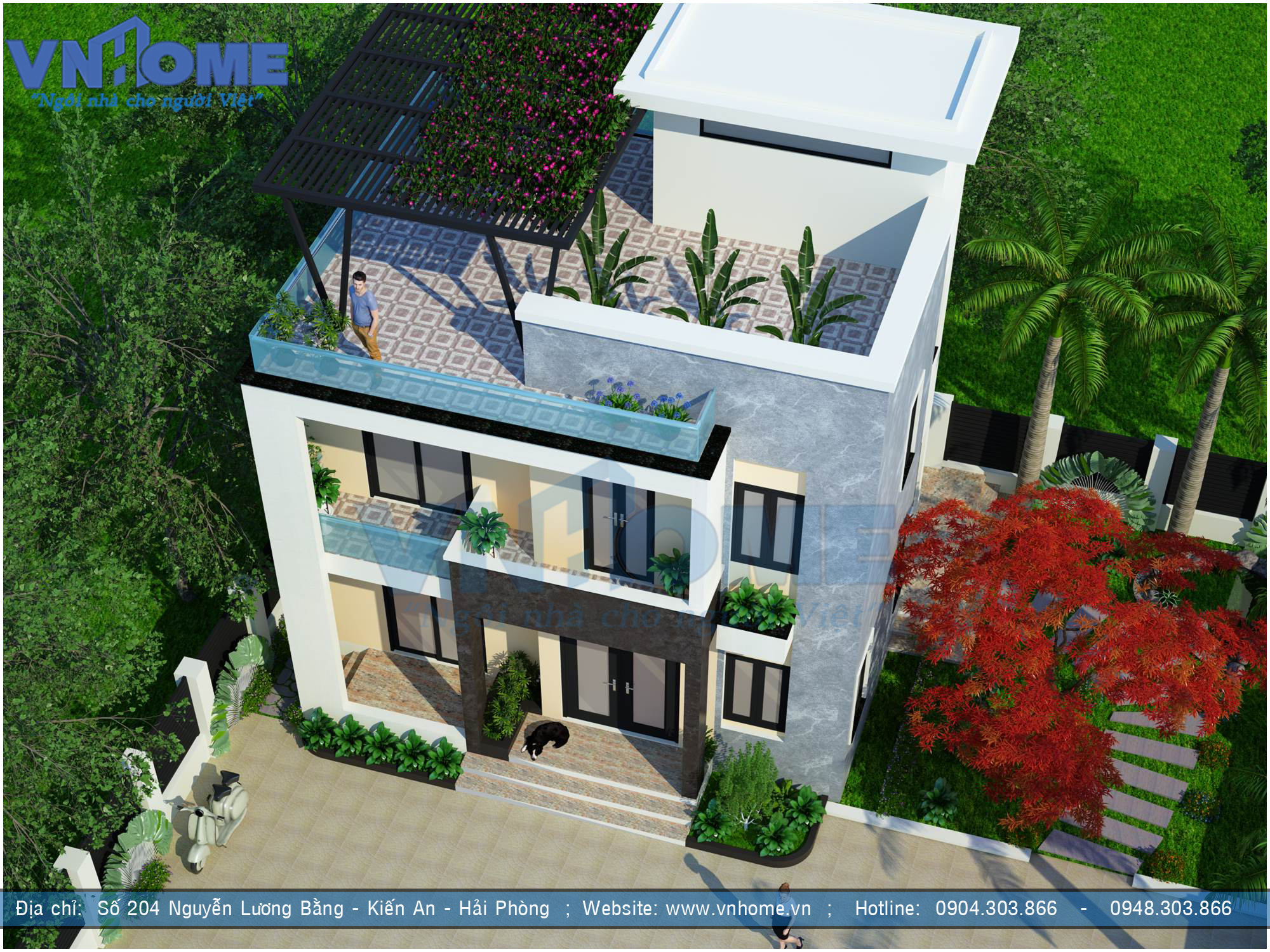 Thiết kế biệt thự 2 tầng 1 tum hiện đại mái bằng tại Hải Phòng - VNH BTHD 0032