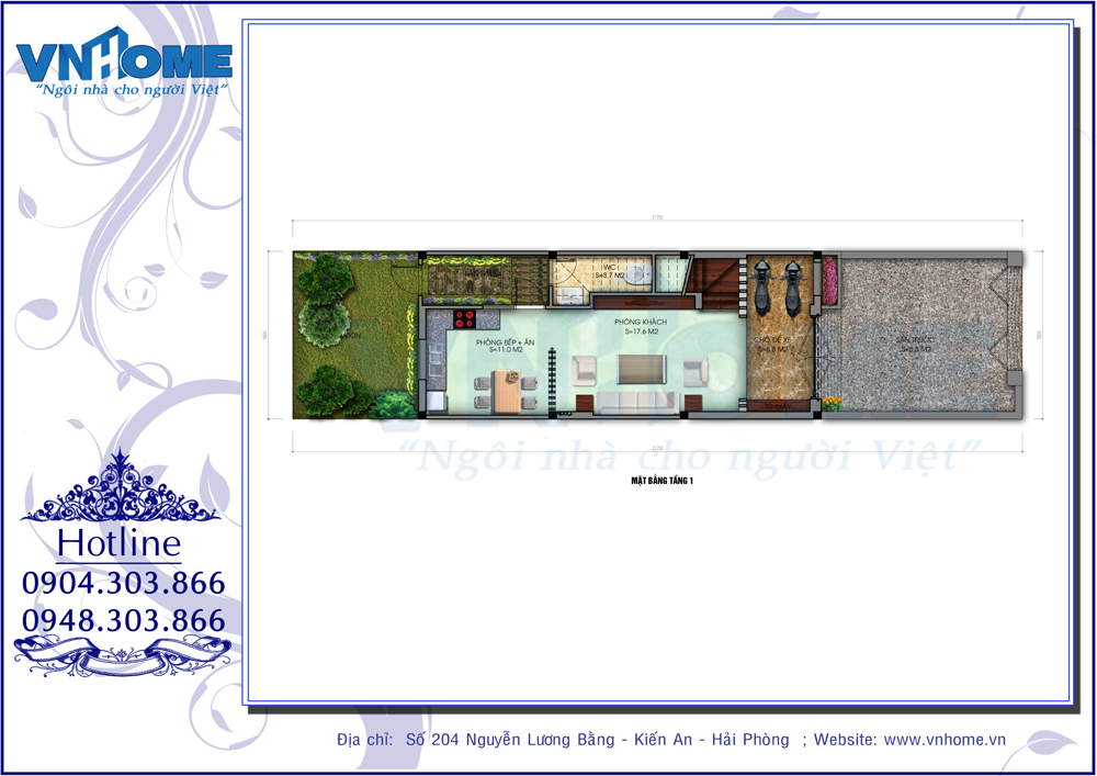 Mặt bằng công năng tầng 1 nhà lô rất kho học