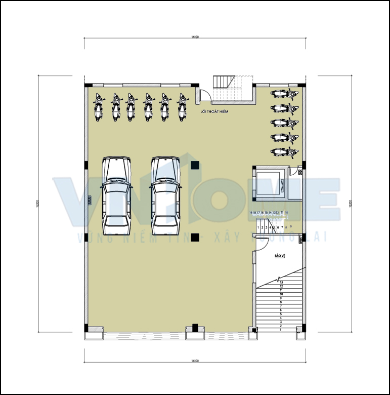 Bản vẽ bố trí mặt bằng công năng của tầng 1 thiết kế khách sạn 5 sao 7,5 tầng tại Hải Phòng