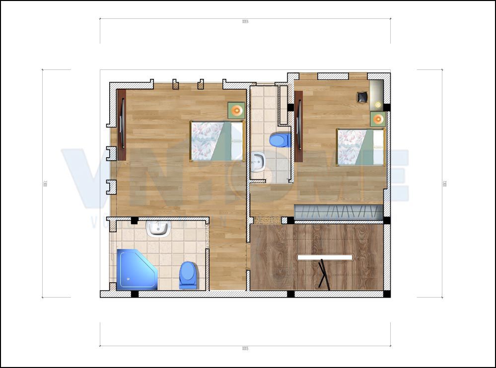 mặt bằng tầng 2 nhà lô hiện đại
