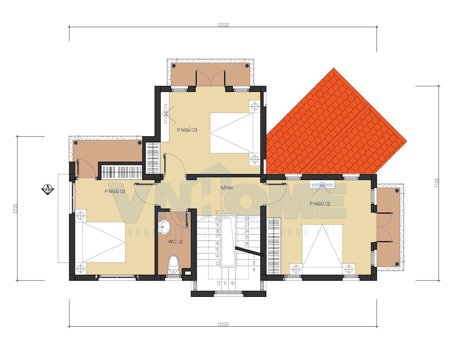 mặt bằng tầng 2 của căn biệt thự hiện đại