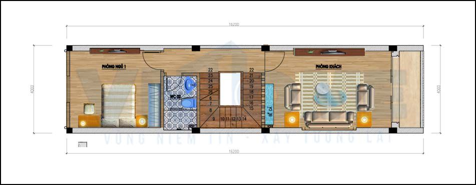mặt bằng tầng 2 của căn nhà lô hiện đại