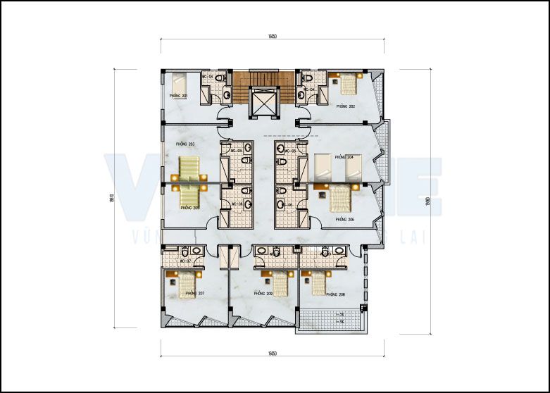 mặt bằng tầng 2 đến tầng 5 của căn khách sạn 6 tầng