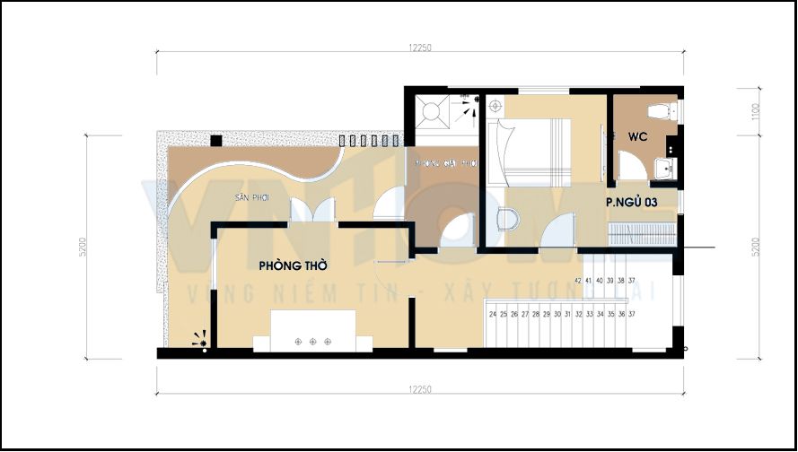 mặt bằng tầng 3 của căn nhà lô hiện đại