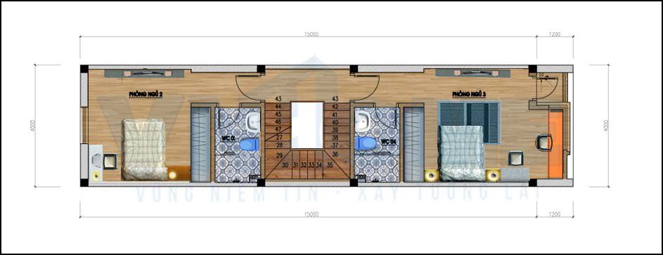 mặt bằng tầng 3 của căn nhà lô hiện đại