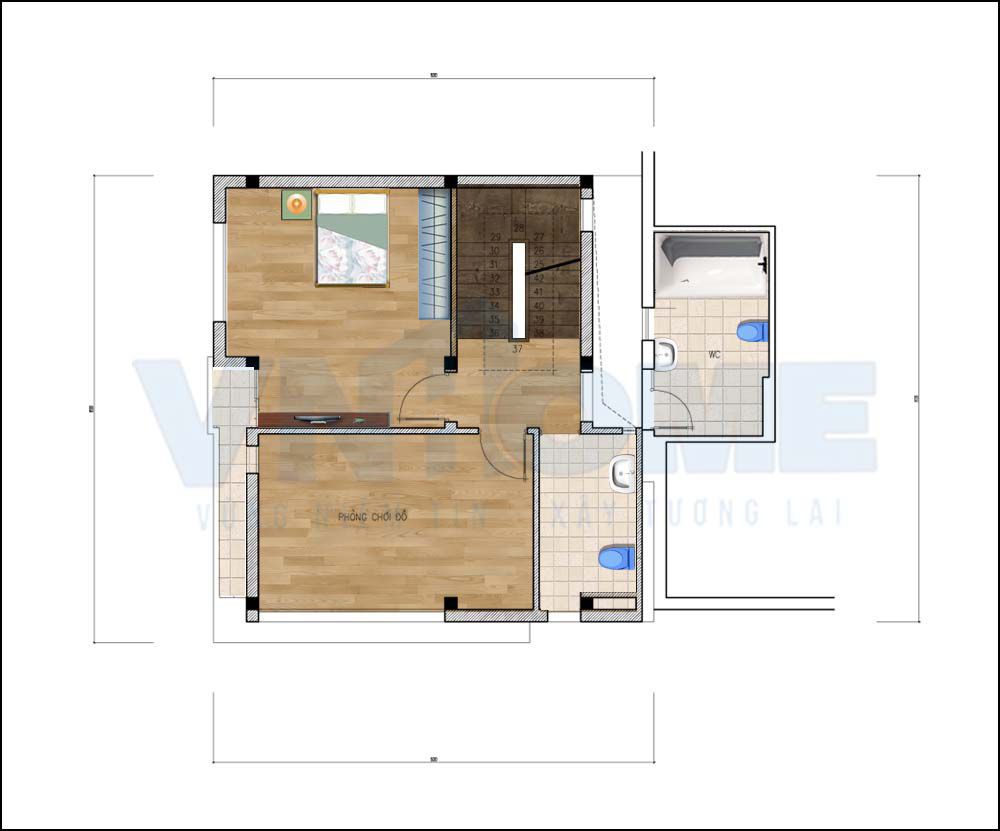 Mặt bằng công năng tầng 3 của mẫu biệt thự hiện đại 4,5 tầng