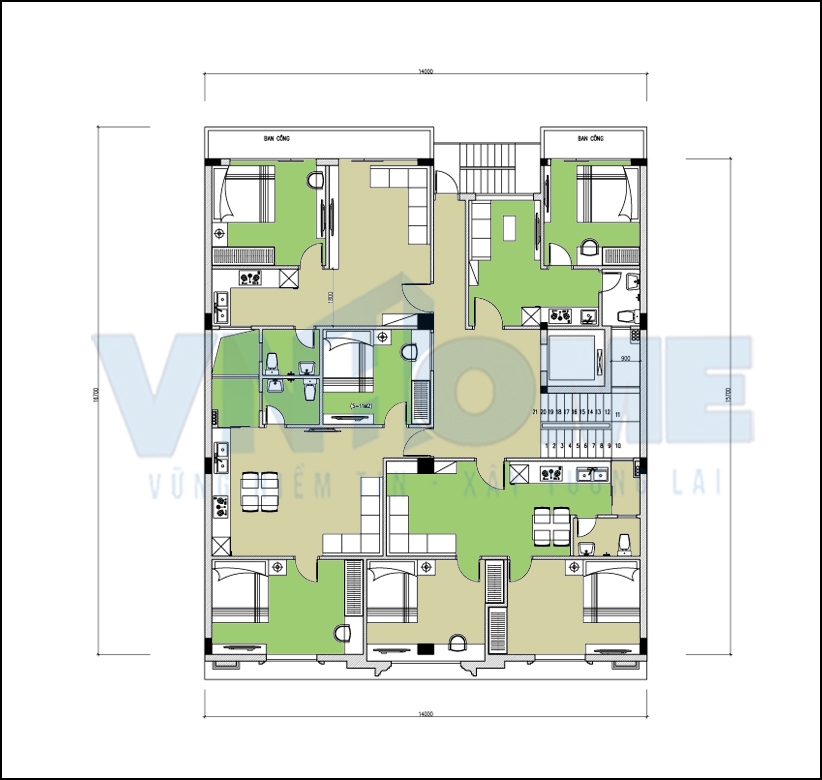 Bản vẽ bố trí mặt bằng công năng của tầng 3 thiết kế khách sạn 5 sao 7,5 tầng tại Hải Phòng