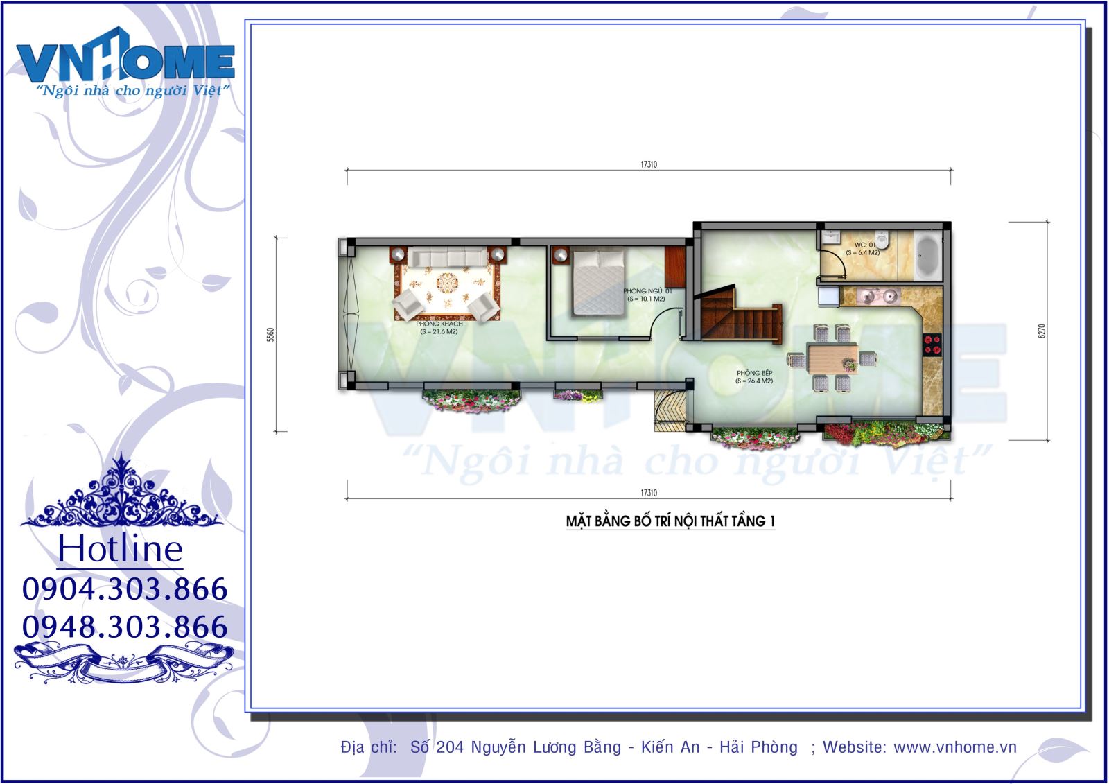 Mặt bằng bố trí nội thất tầng 1 nhà lô 2 mặt tiền