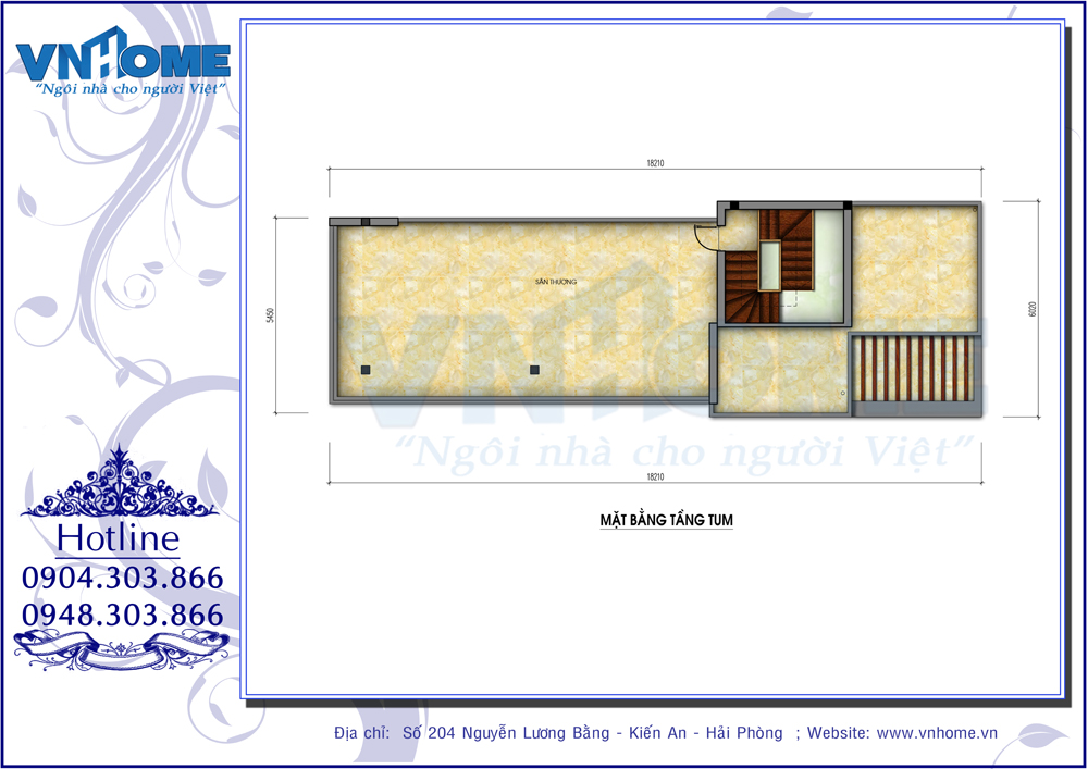 Mặt bằng bố trí nội thất tầng tum nhà lô 2 mặt tiền 