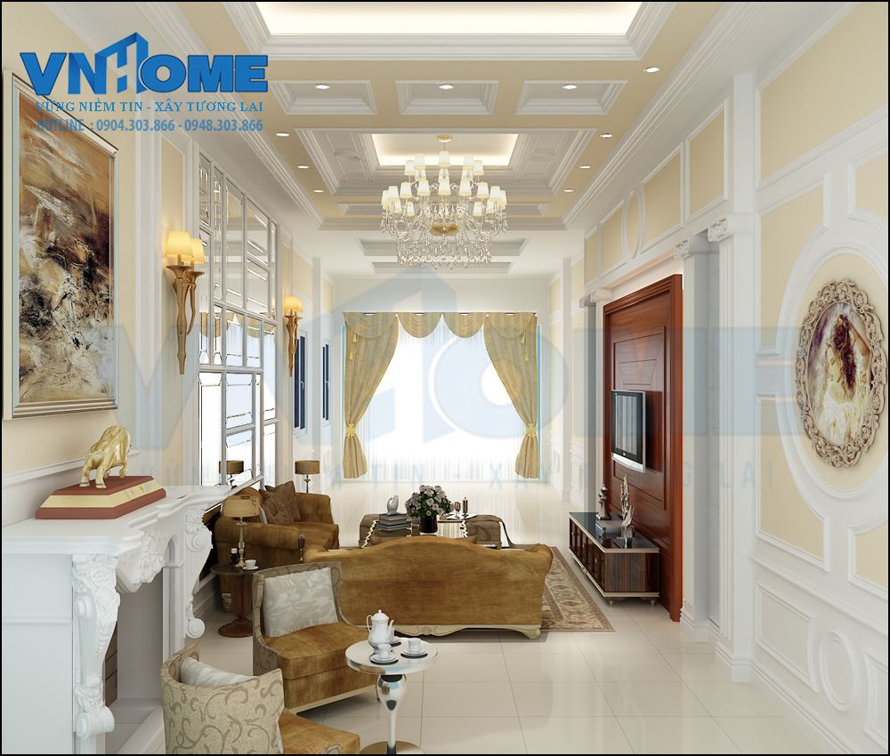 mẫu thiết kế nội thất phòng khách tân cổ điển sang trọng