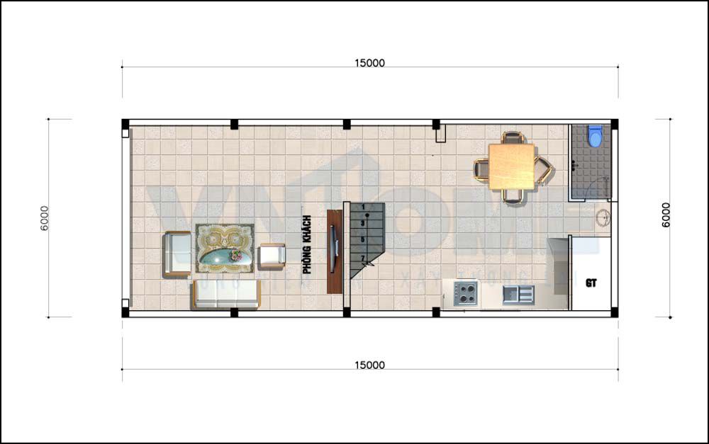 mặt bằng tầng 1 của căn nhà lô hiện đại