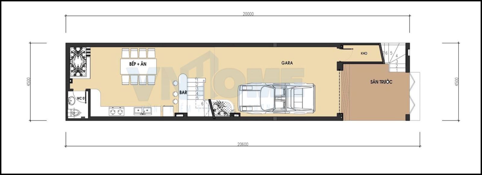 mặt bằng tầng 1 của căn nhà lô hiện đại