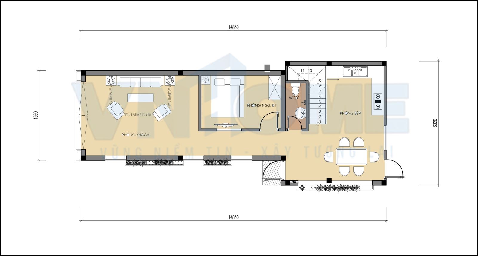 mặt bằng tầng 1 của căn nhà lô hiện đại