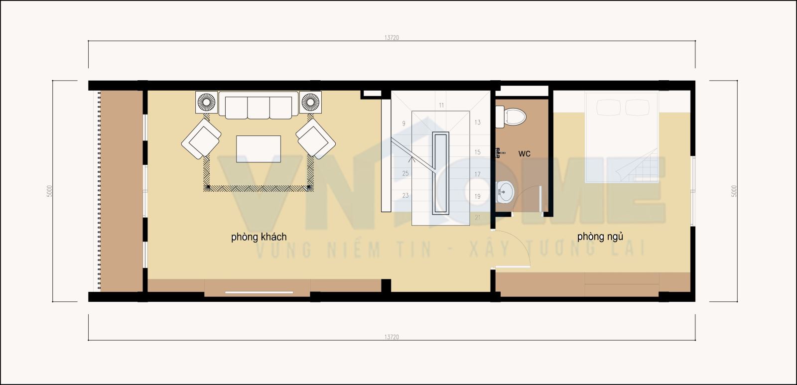 mặt bằng tầng 2 của căn nhà lô hiện đại