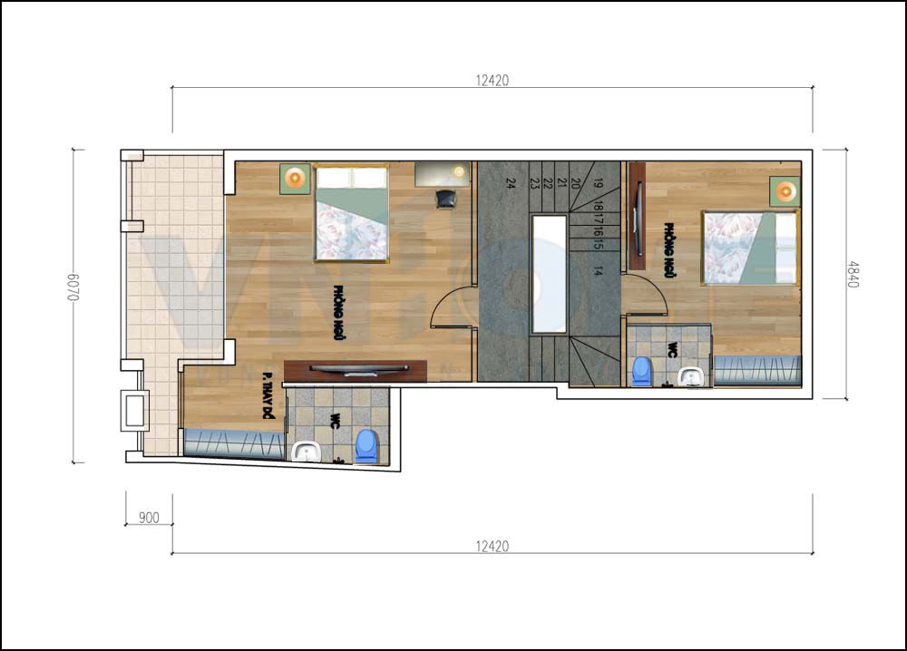 mặt bằng tầng 2 của căn nhà lô hiện đại