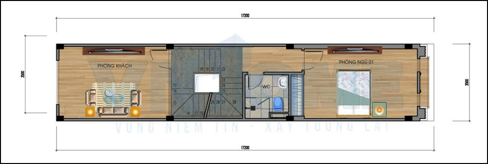 mặt bằng tầng 2 của căn nhà lô hiện đại