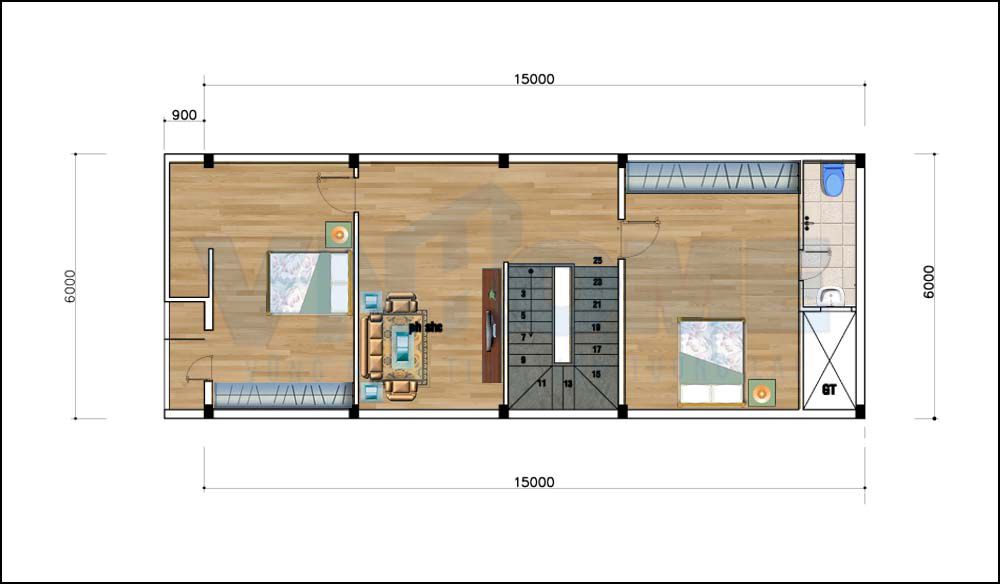 mặt bằng tầng 2 của căn nhà lô hiện đại