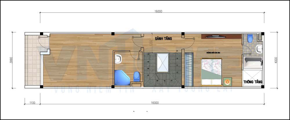 mặt bằng tầng 2 của căn nhà lô hiện đại