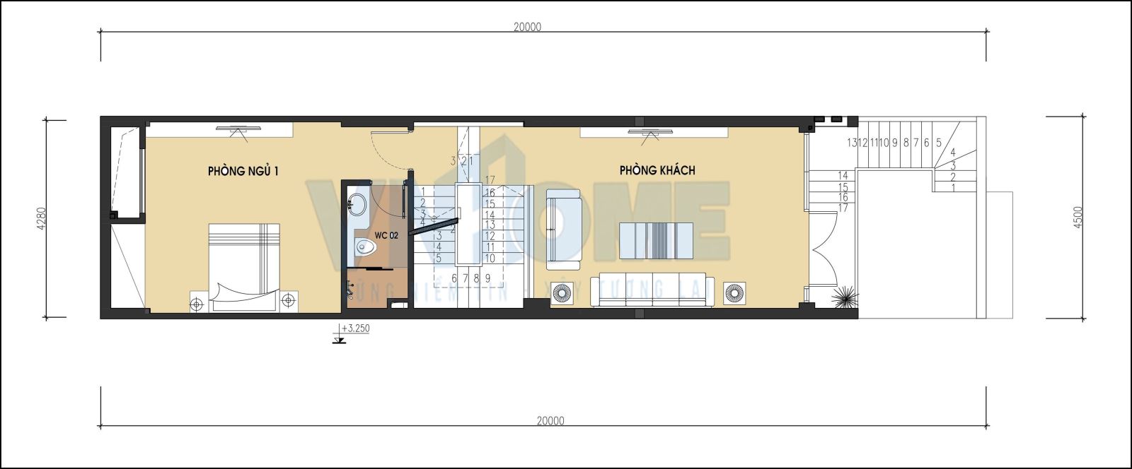 mặt bằng tầng 2 của căn nhà lô hiện đại