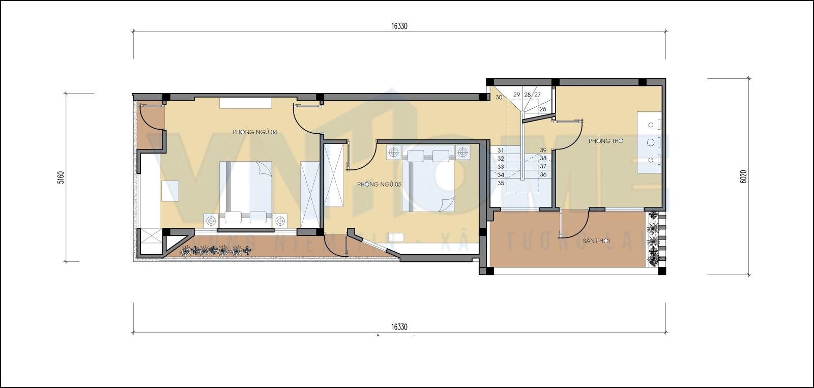 mặt bằng tầng 2 của căn nhà lô hiện đại