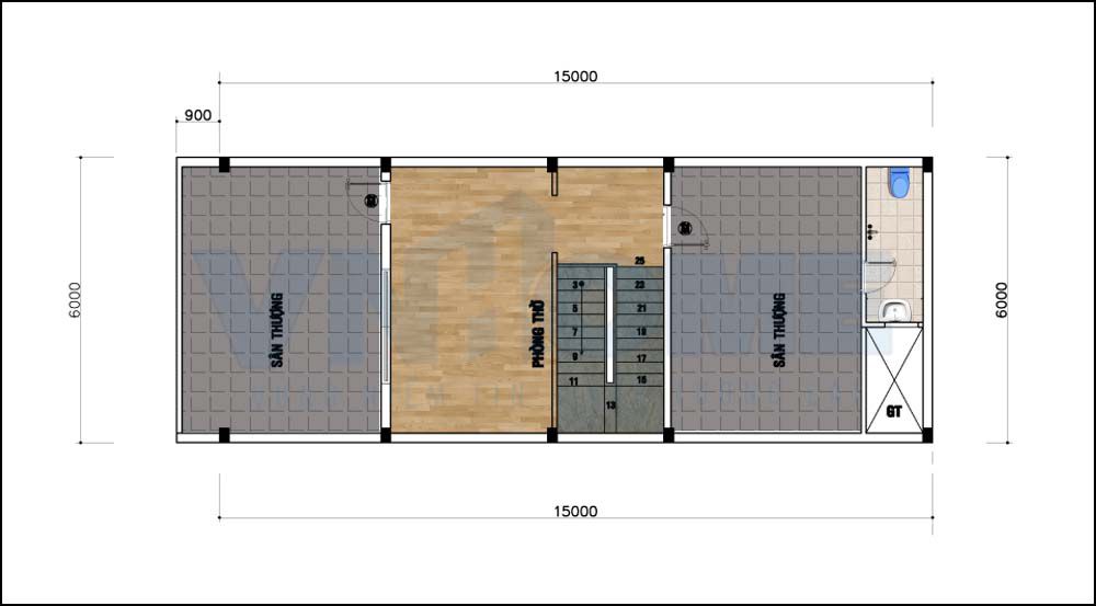 mặt bằng tầng 3 của căn nhà lô hiện đại