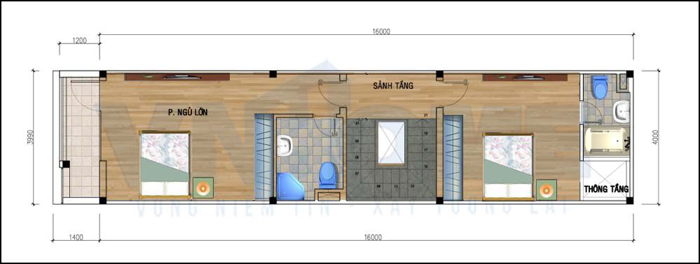 mặt bằng tầng 3 của căn nhà lô hiện đại