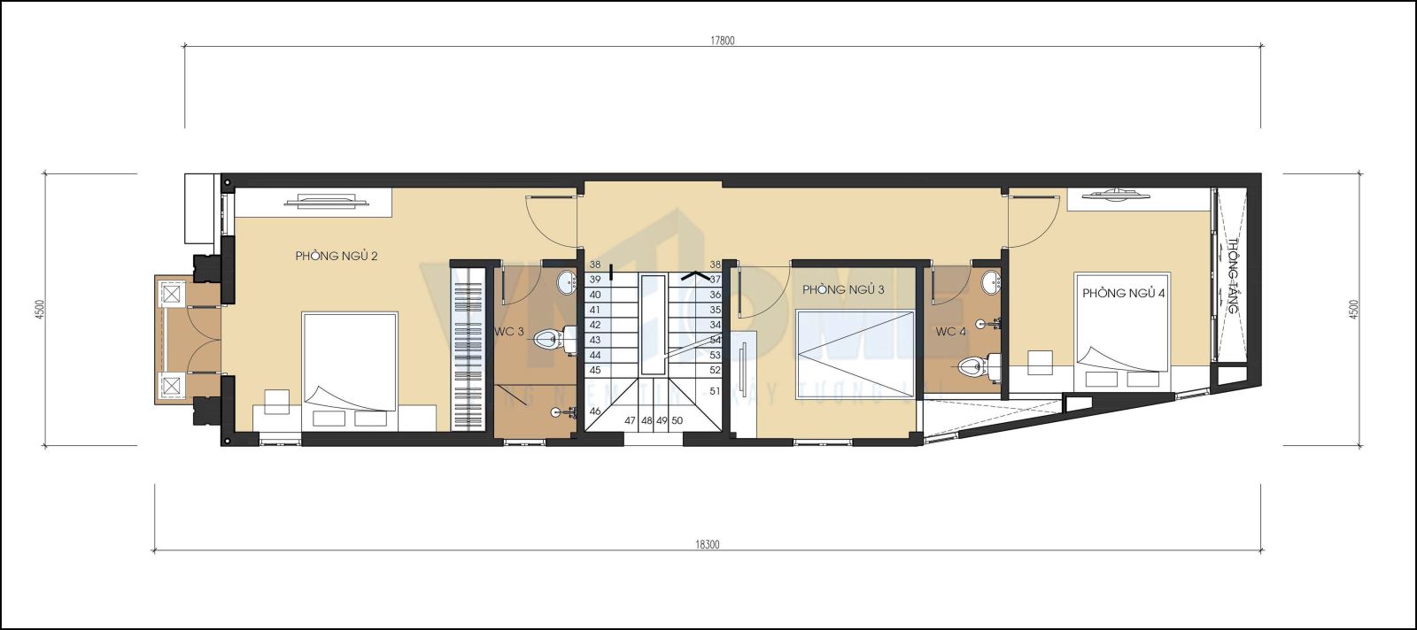 mặt bằng tầng 3 của căn nhà lô tân cổ điển 4.5 tầng