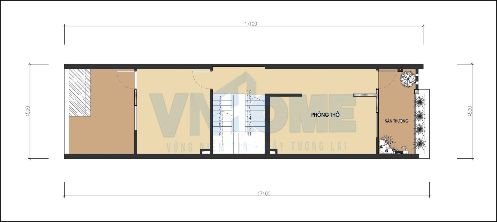 mặt bằng tầng 4 của căn nhà lô hiện đại