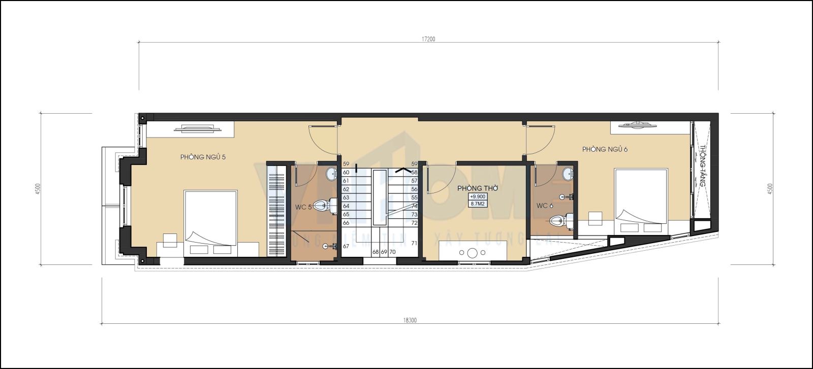 mặt bằng tầng 4 của căn nhà lô tân cổ điển 4.5 tầng