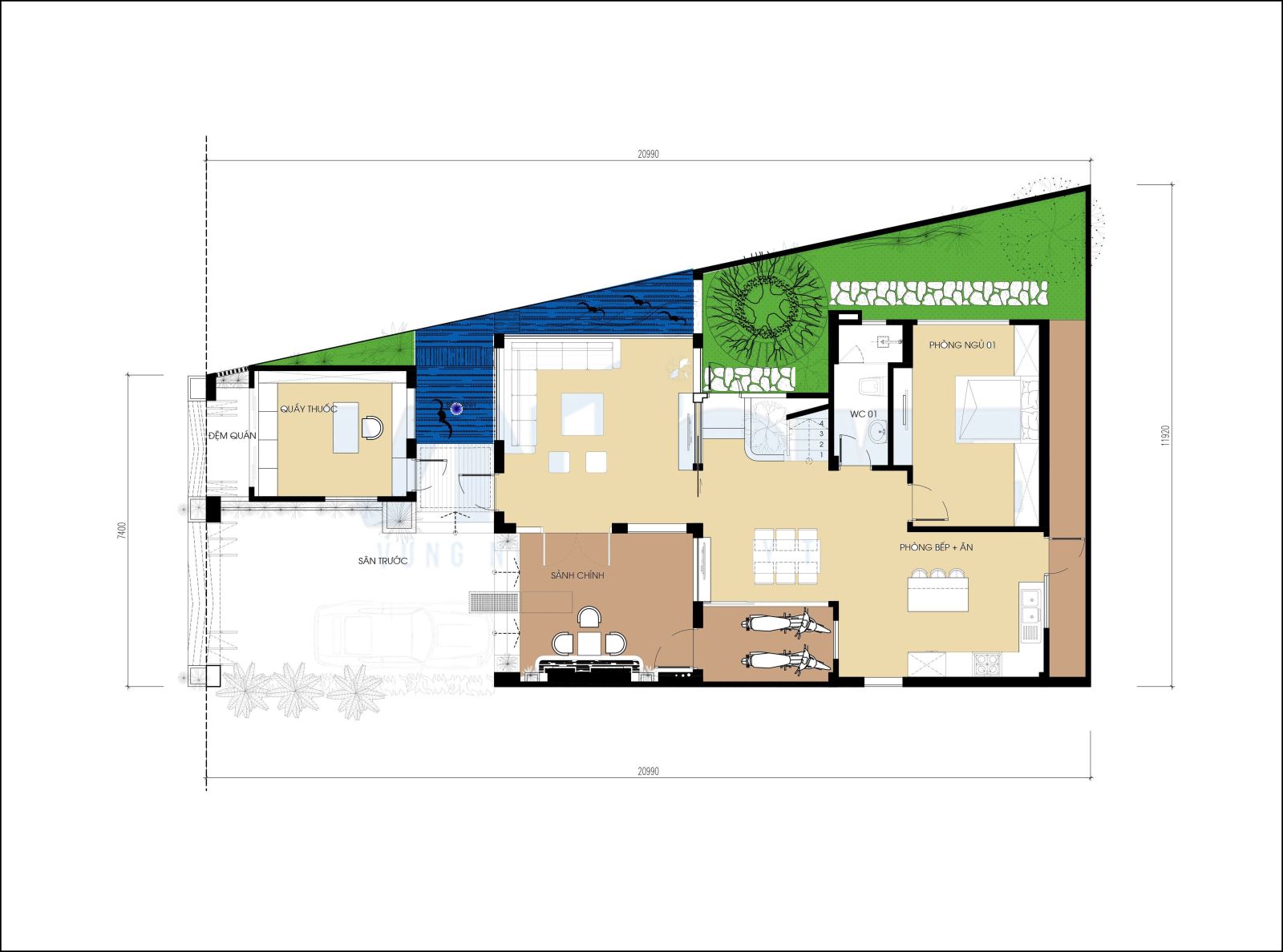mặt bằng tầng 1 của căn biệt thự hiện đại